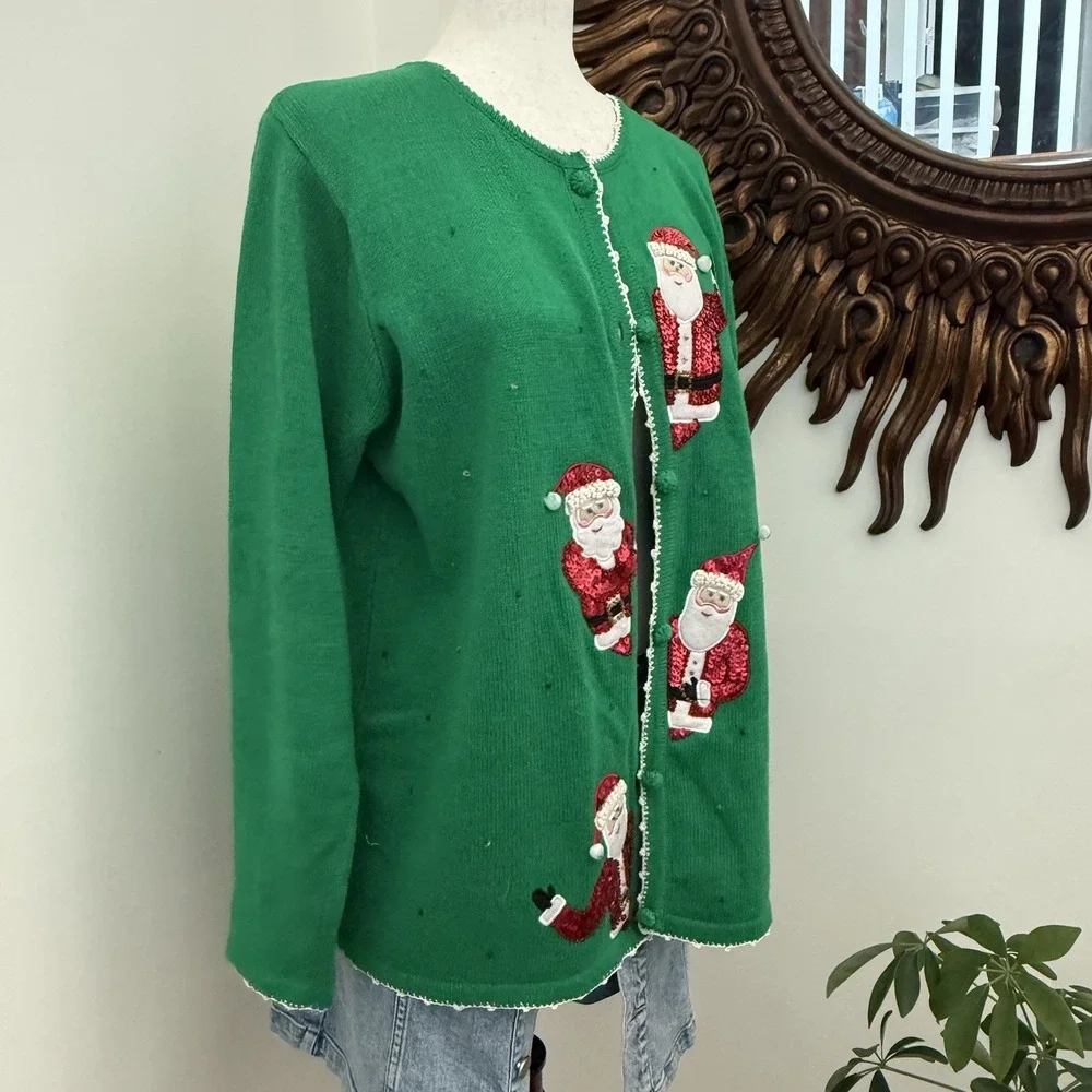 Quacker Factory Christmas Sweater M Green Sequin Santa Cardigan Beaded Vintage F